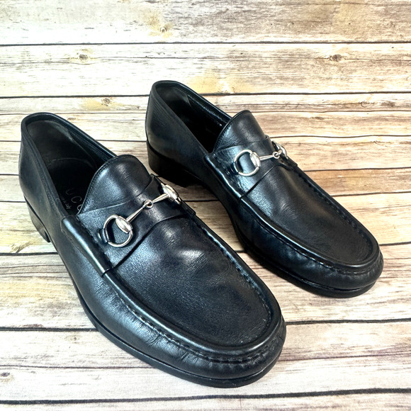 Gucci 1953 Mens Black Italian Leather Silver Horsebit Slip On Loafers Size 10.5D - Picture 1 of 11